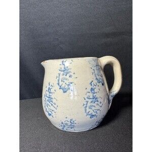 Antique Blue And White Stoneware Spongeware Squat Pitcher Salt Glaze 5”